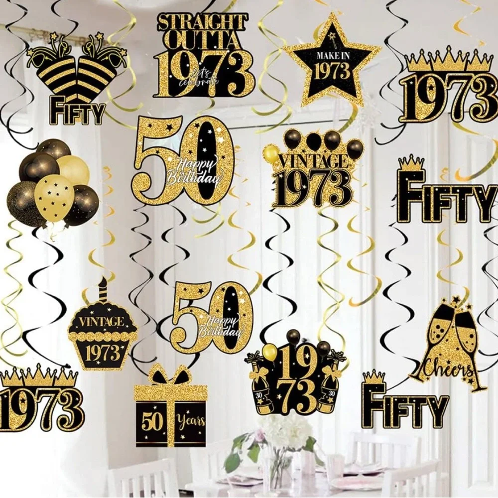50th Birthday Hanging Swirls 45PCS Gold Party Ceiling Decorations 1973 New